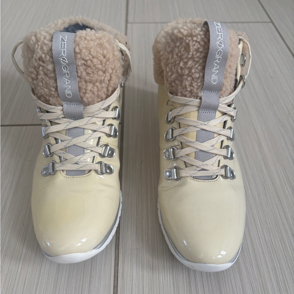 Cole Haan cream patent bootie with fur